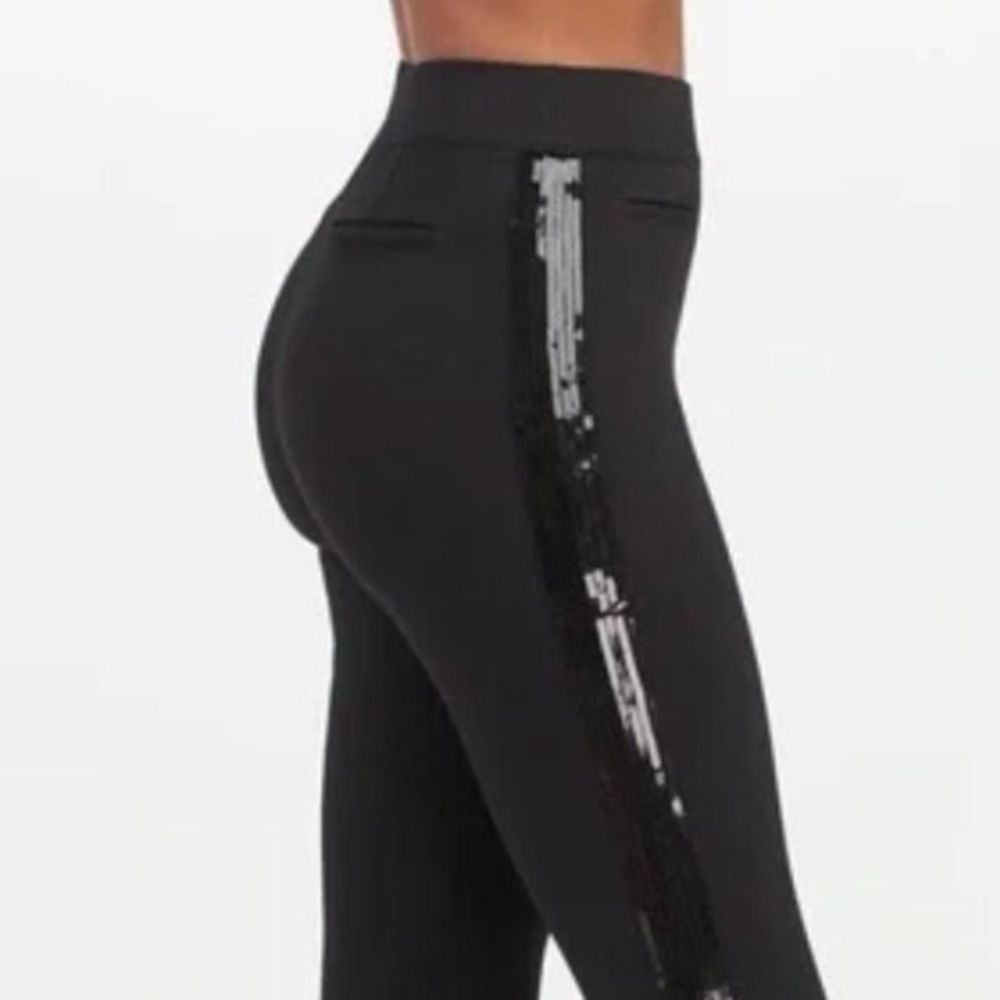 SPANX NWT Black Sequin-Trim Ponte Leggings - Women SIZE S - Picture 3 of 7